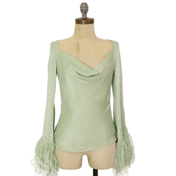 ASOS Design Long Sleeve Top With Feather Cuff Detail US 0 Sage Green Satin B21 - Picture 2 of 7